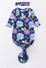 Load image into Gallery viewer, Navy floral print bamboo baby gown
