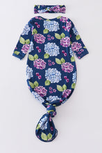 Load image into Gallery viewer, Navy floral print bamboo baby gown
