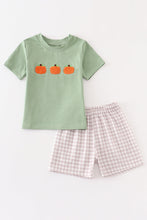 Load image into Gallery viewer, Green plaid french knot pumpkin boy set
