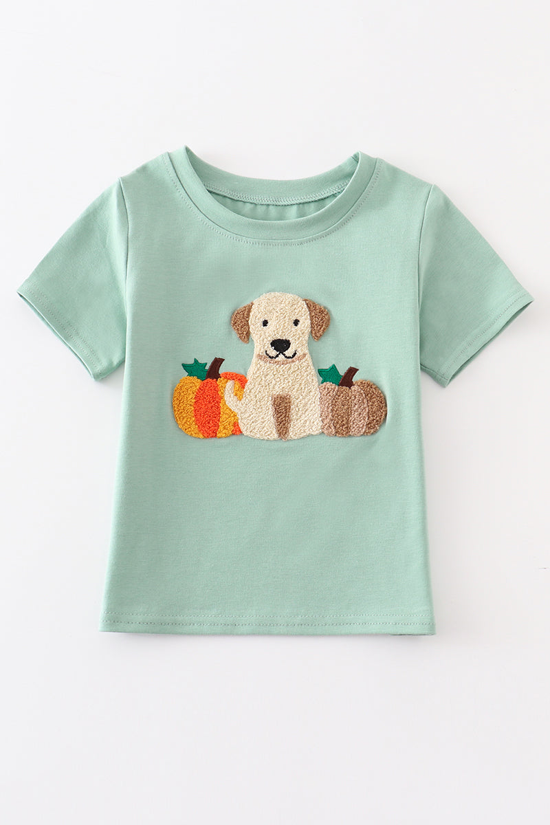 Green dog pumpkin french knot boy top