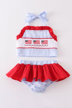 Load image into Gallery viewer, Patriotic flag embroidery smocked seersucker 2pc girl swimsuit
