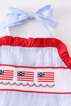 Load image into Gallery viewer, Patriotic flag embroidery smocked seersucker 2pc girl swimsuit
