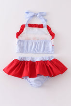 Load image into Gallery viewer, Patriotic flag embroidery smocked seersucker 2pc girl swimsuit
