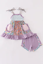 Load image into Gallery viewer, Purple floral print ruffle girl set
