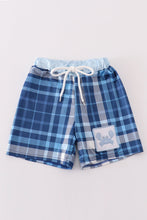 Load image into Gallery viewer, Navy plaid crab embroidery boy swim trunks
