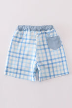 Load image into Gallery viewer, Blue plaid crab embroidery boy swim trunks
