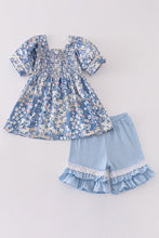 Load image into Gallery viewer, Blue delicate floral smocked girl set
