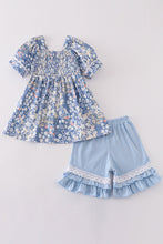 Load image into Gallery viewer, Blue delicate floral smocked girl set
