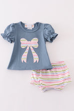 Load image into Gallery viewer, Blue bow applique girl bloomer set
