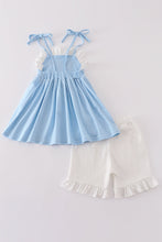 Load image into Gallery viewer, Blue princess embroidery ruffle girl set
