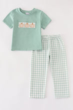 Load image into Gallery viewer, Green gingham pumpkin embroidery boy set
