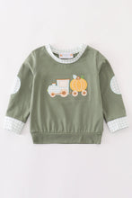 Load image into Gallery viewer, Green train pumpkin applique boy top
