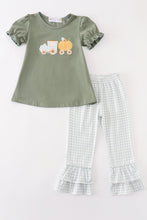 Load image into Gallery viewer, Green train pumpkin applique girl set
