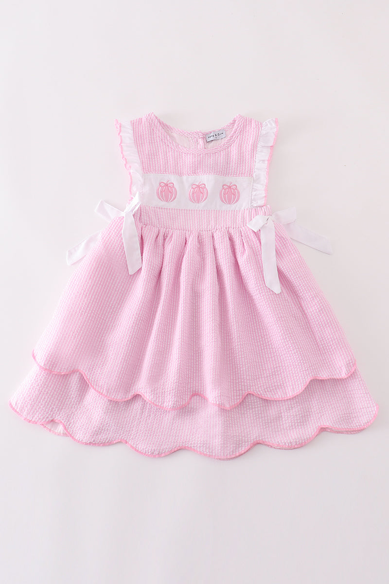 Pink pumpkin embroidery seersucker ruffle dress