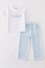 Load image into Gallery viewer, Blue pumpkin embroidery plaid boy set
