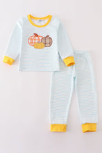 Load image into Gallery viewer, Blue stripe pumpkin applique boy set
