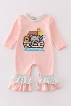 Load image into Gallery viewer, Pink noah&#39;s ark embroidery stripe girl romper
