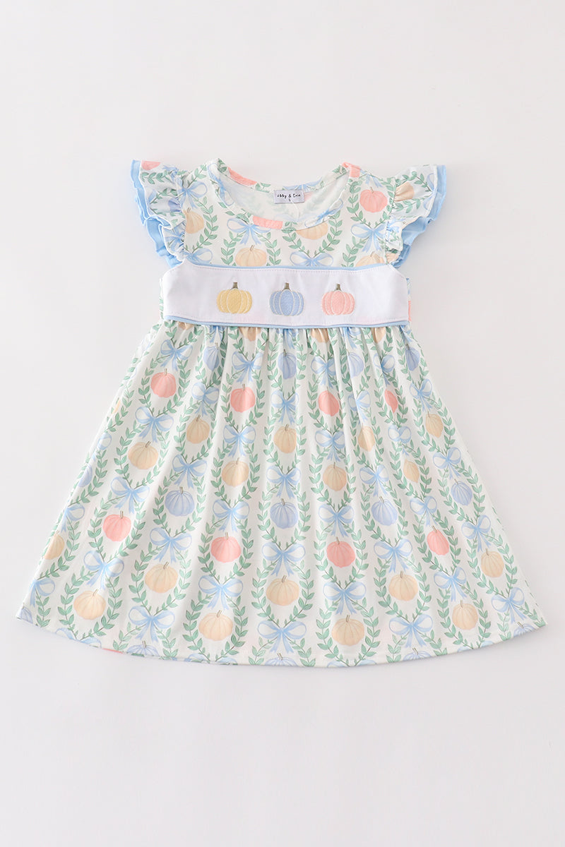 Blue pumpkin embroidery ruffle dress