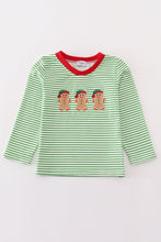 Load image into Gallery viewer, Green stripe christmas gingerbread embroidery boy top
