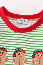 Load image into Gallery viewer, Green stripe christmas gingerbread embroidery boy top
