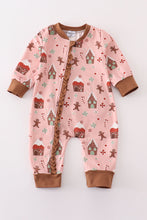 Load image into Gallery viewer, Pink christmas gingerbread girl ruffle zip romper
