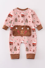 Load image into Gallery viewer, Pink christmas gingerbread girl ruffle zip romper
