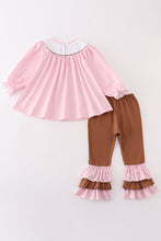 Load image into Gallery viewer, Pink dot smocked western embroidery girl set
