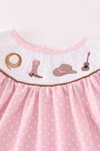 Load image into Gallery viewer, Pink dot smocked western embroidery girl dress
