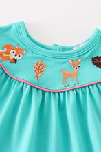 Load image into Gallery viewer, Teal floral print forest animal embroidery baby set
