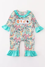 Load image into Gallery viewer, Teal floral print forest animal embroidery girl romper
