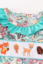 Load image into Gallery viewer, Teal floral print forest animal embroidery girl romper
