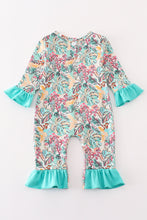 Load image into Gallery viewer, Teal floral print forest animal embroidery girl romper
