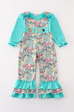 Load image into Gallery viewer, Teal floral print forest animal embroidery 2pc girl jumpsuit set
