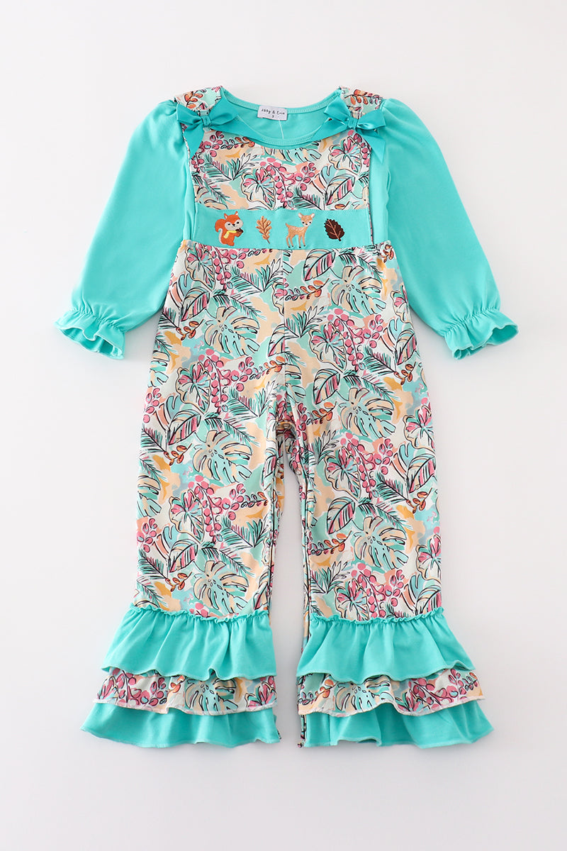 Teal floral print forest animal embroidery 2pc girl jumpsuit set