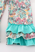 Load image into Gallery viewer, Teal floral print forest animal embroidery 2pc girl jumpsuit set
