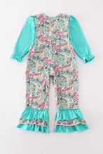 Load image into Gallery viewer, Teal floral print forest animal embroidery 2pc girl jumpsuit set
