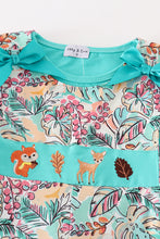 Load image into Gallery viewer, Teal floral print forest animal embroidery 2pc girl jumpsuit set
