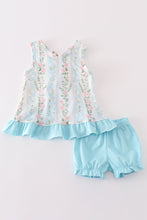 Load image into Gallery viewer, Blue floral print ruffle girl bloomer set
