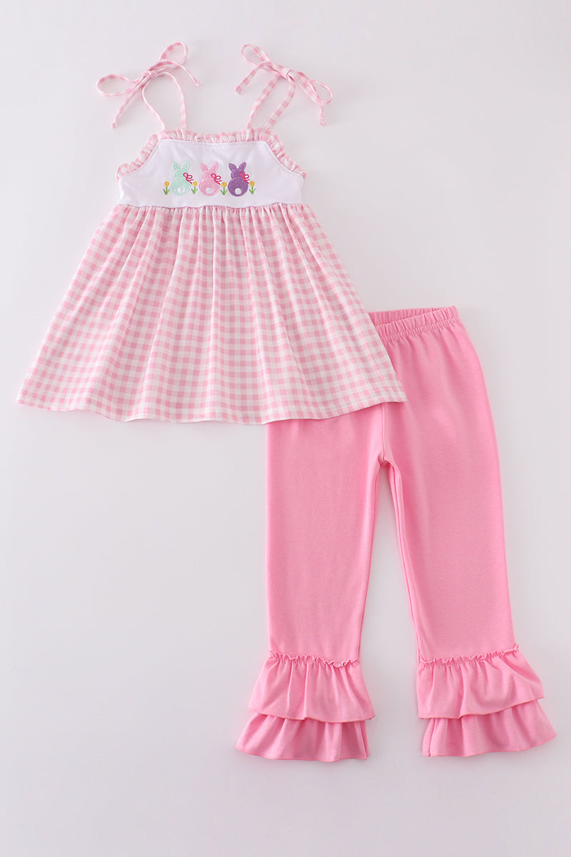 Pink bunny embroidery gingham set