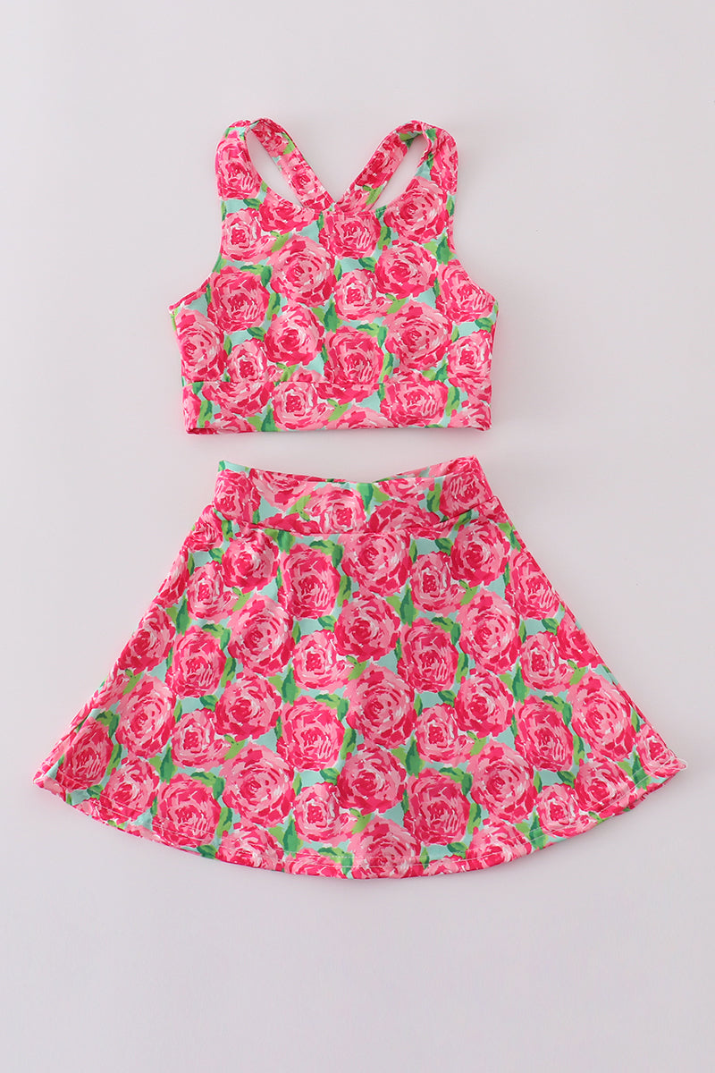 Pink rose print tennis skort set