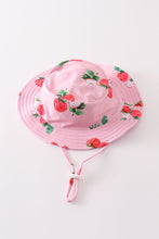 Load image into Gallery viewer, White &amp; pink stripe strawberry print sun hat
