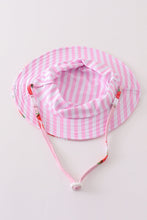 Load image into Gallery viewer, White &amp; pink stripe strawberry print sun hat
