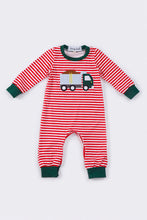 Load image into Gallery viewer, Red stripe truck applique boy romper
