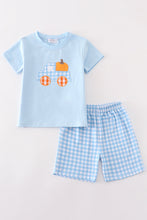 Load image into Gallery viewer, Blue truck pumpkin embroidery boy set
