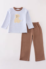 Load image into Gallery viewer, Premium brown stripe puppy applique boy set
