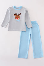 Load image into Gallery viewer, Premium blue stripe christmas deer applique boy set
