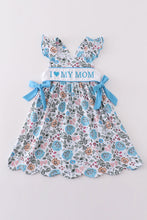 Load image into Gallery viewer, Premium blue floral I love mom embroidery dress
