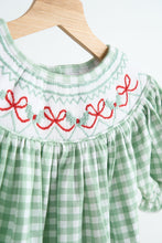 Load image into Gallery viewer, Green bow tie hand smocked gingham dress
