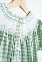 Load image into Gallery viewer, Green bow tie hand smocked gingham dress
