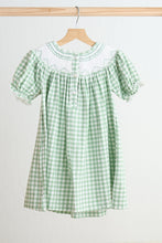 Load image into Gallery viewer, Green bow tie hand smocked gingham dress
